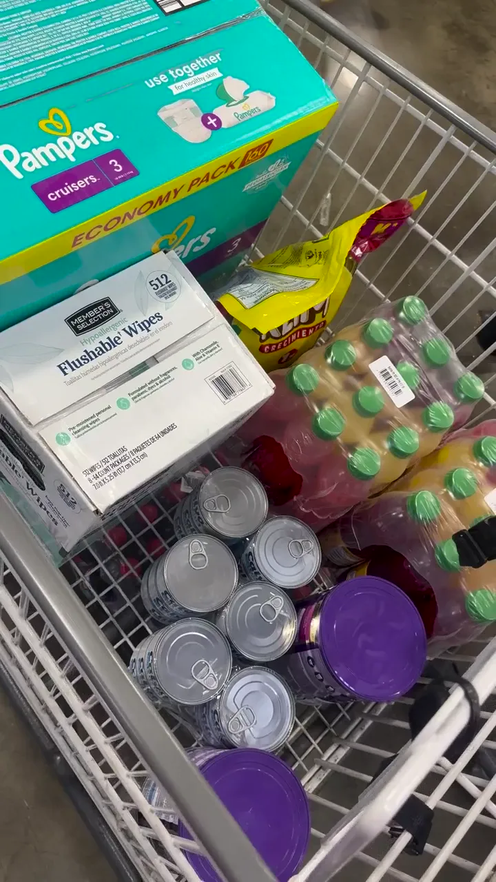 Productos de cuidado y alimentos en un carrito.